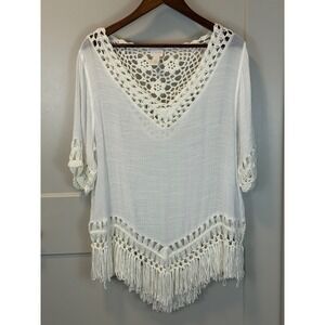 Chicos Cream Ivory Crochet Boho Hippie Top Size 2 Fringe Asymmetrical Hem